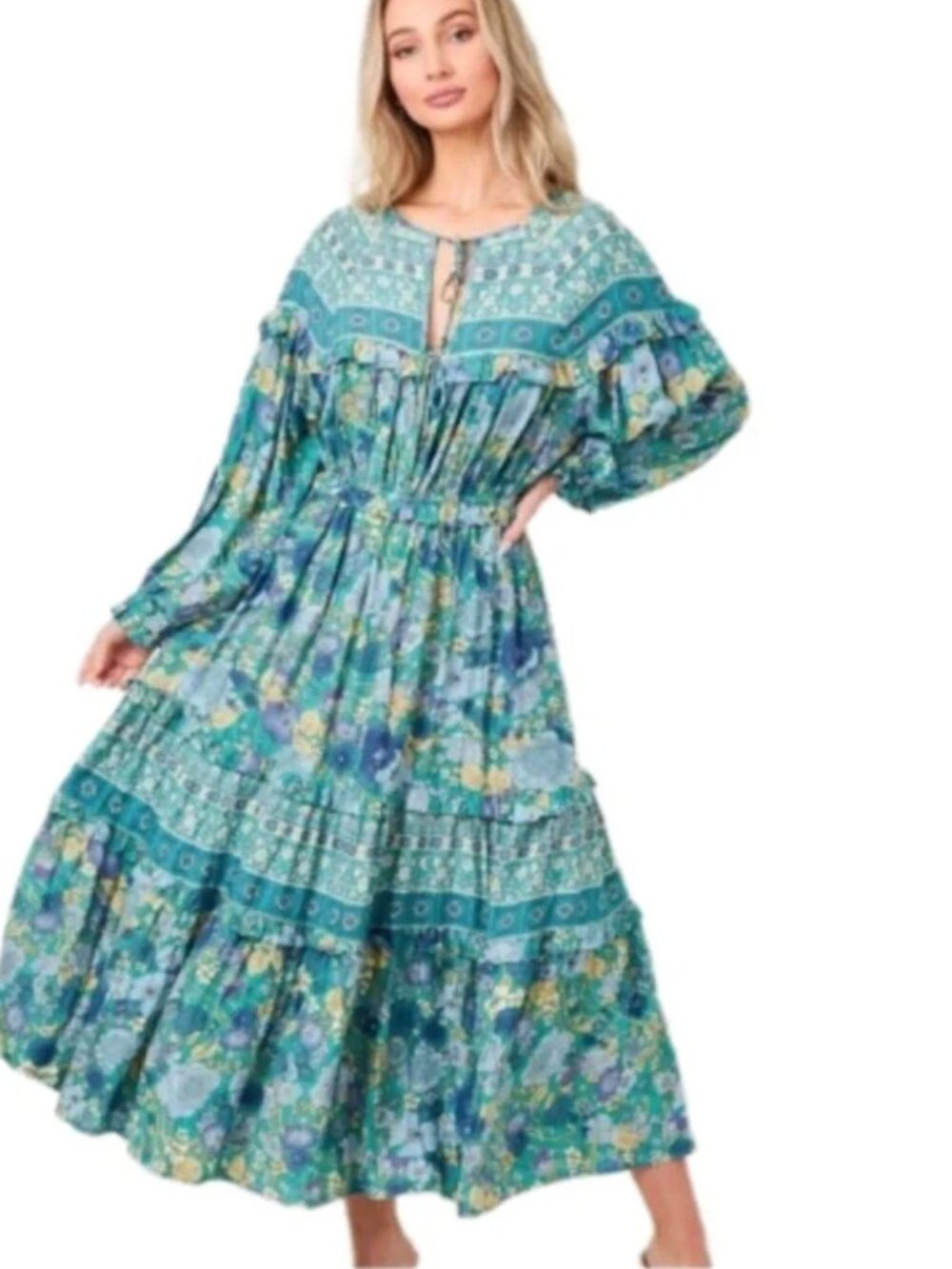 NWT Saints & Hearts Turquoise Blue Floral Boho Maxi Dress Size S